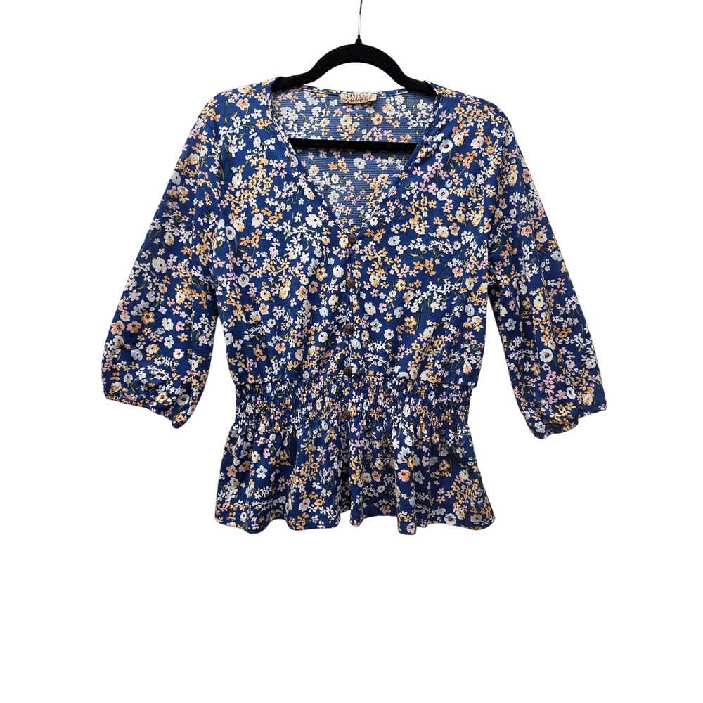 Lavish Womens Blue Floral V-Neck Smocked Peplum Top 3/4 Sleeve Size L